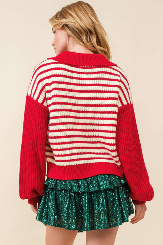 Red striped sweater with lantern sleeves and V -neck and drooping shoulders