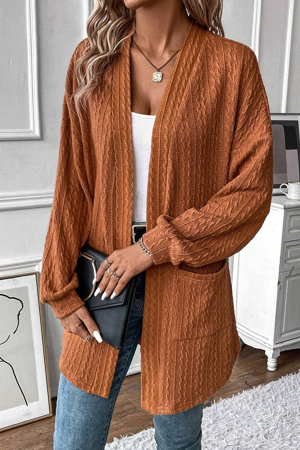 Chestnut Textured Knit Open Front Cardigan with Side Pockets