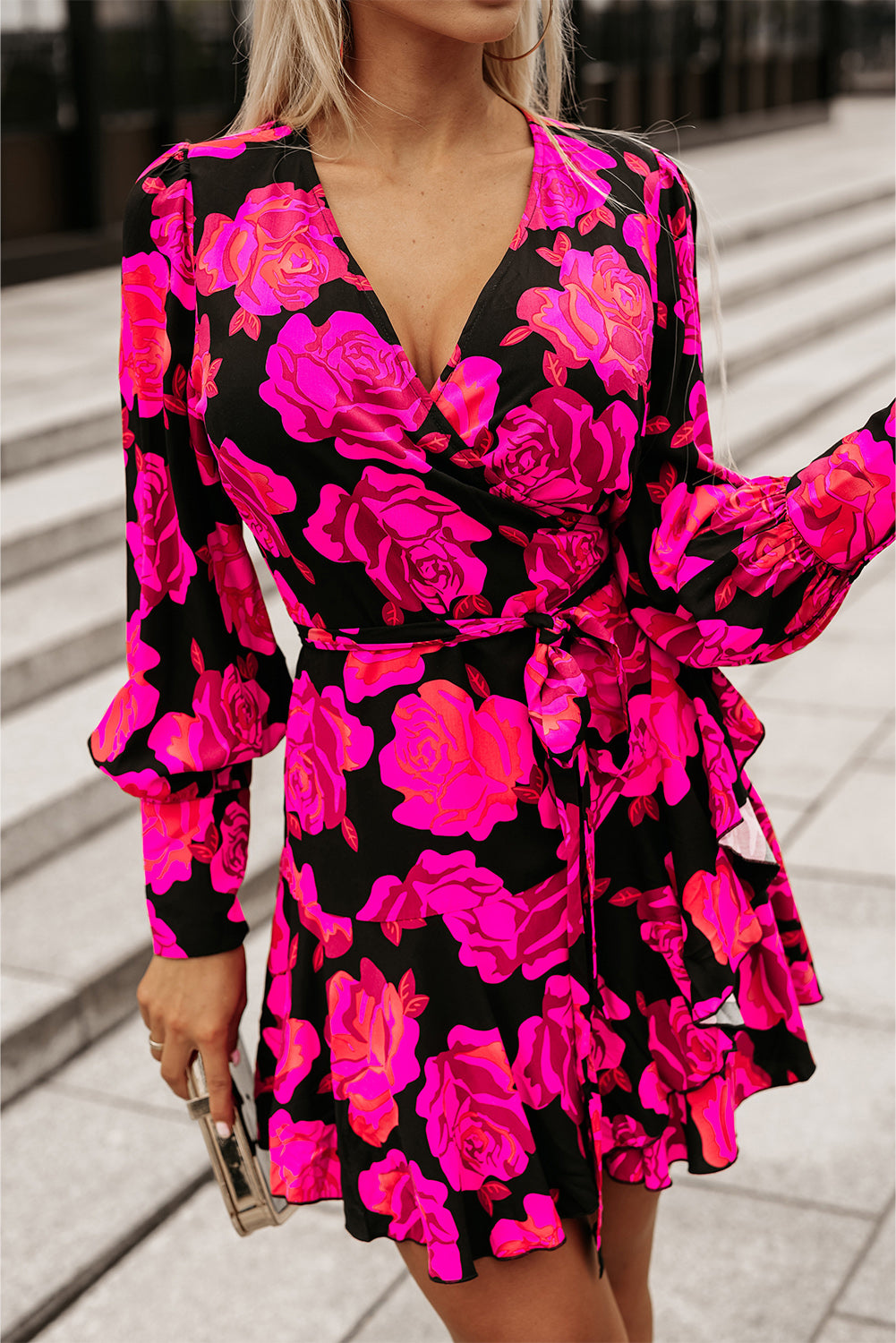 Rose Floral Imprime en V Wrap Bishop Sleeve Ruffle Mini Robe