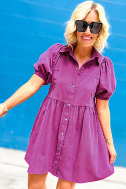 Red Pink Corduroy Babydoll Dress with Collar and Puff Sleeves