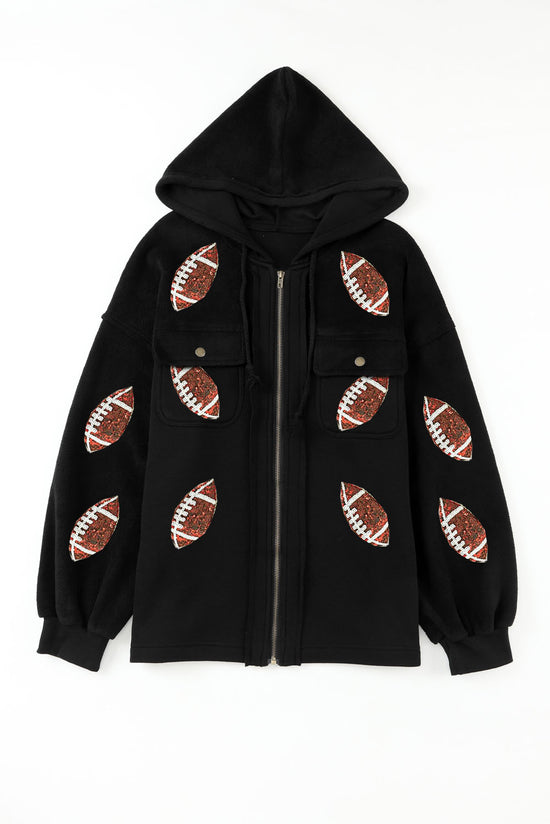 Chaqueta con cremallera negra con brillo con rugby y motivo de fútbol