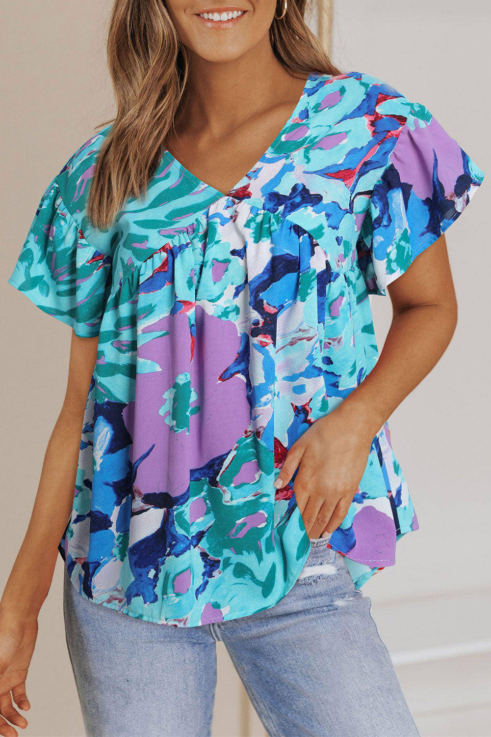 Sky Blue Abstract Print V Neck Flutter manga Blusa