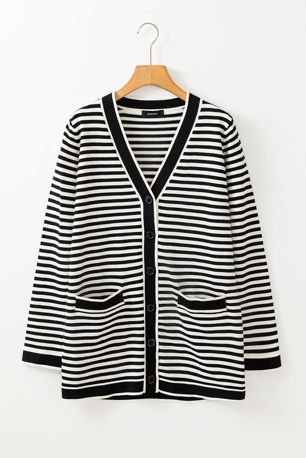 Cardigan tunique boutonné à manches longues et rayures noires-A WOMAN WE LOVE