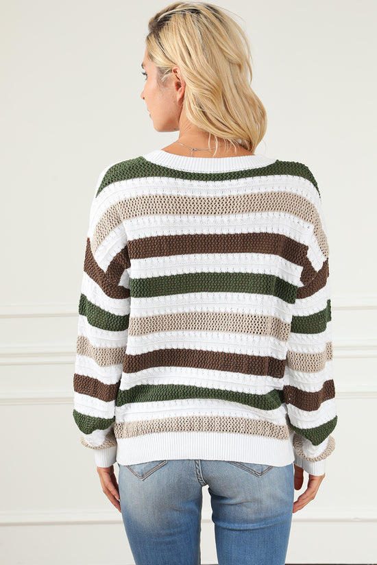 Striped crochet openwork knit sweater