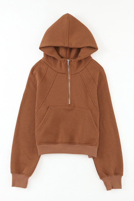 Brown hoodie with kangaroo pocket and quarter-turn zip