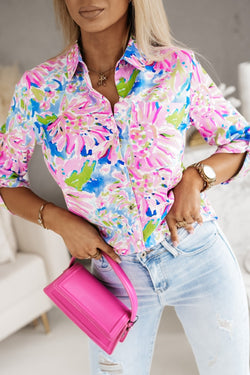 Long sleeve buttoned shirt with pink abstract floral print