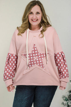 Delicacy Star Patch Graphic Floral Color Block Drawstring Hoodie Plus Size