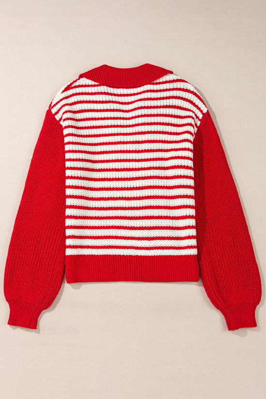 Red striped sweater with lantern sleeves and V -neck and drooping shoulders