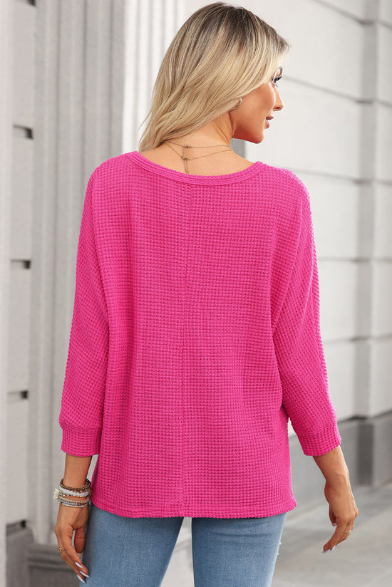 Red Pink Textured Center Seam Long Sleeve Split Top