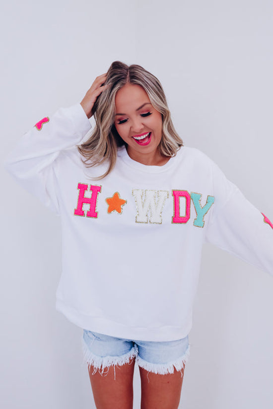 Howdy Glitter Chenille Patch Graphic White Casual Sweatshirt