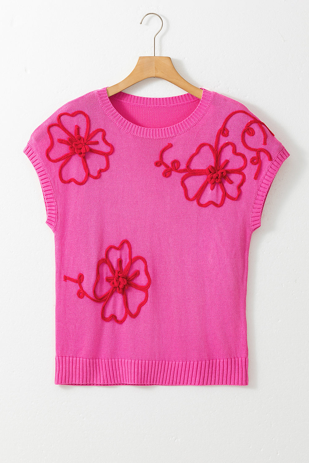 Bright Pink Corded Flower Embroidery Short Sleeve Knitwear Top