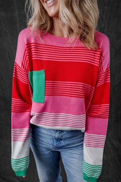 Pull shoulder sweater and knitted pink pocket pocket with pink stripes