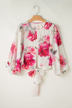 Rose flower blouse with 3/4 sleeves and laces back