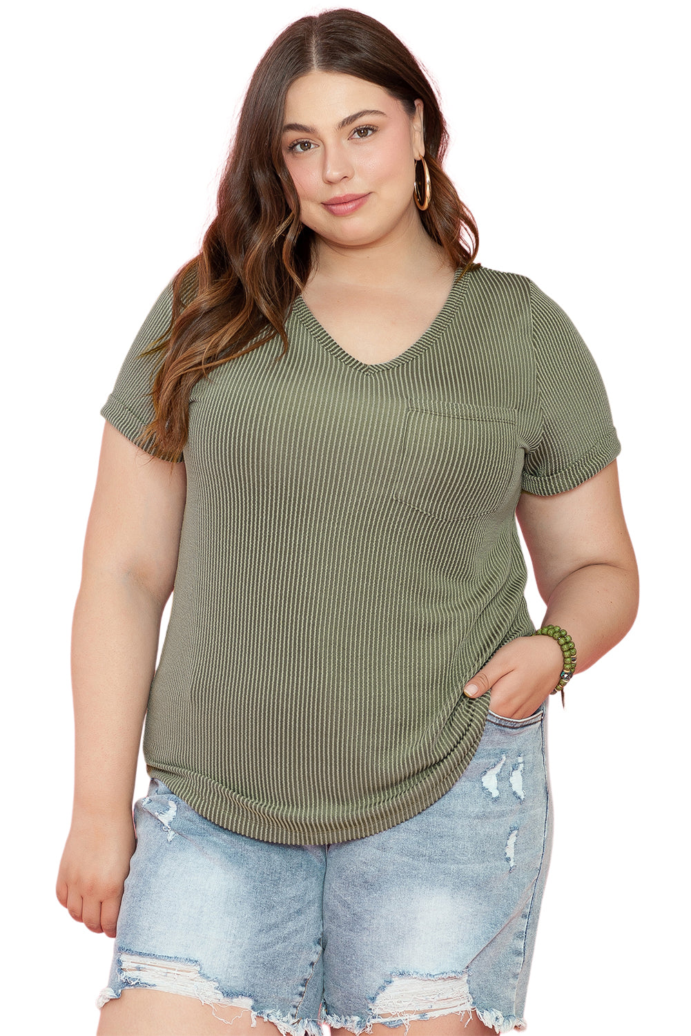 Meadow Mist Green Plus Size Corded V Neck Patch Pocket Tee