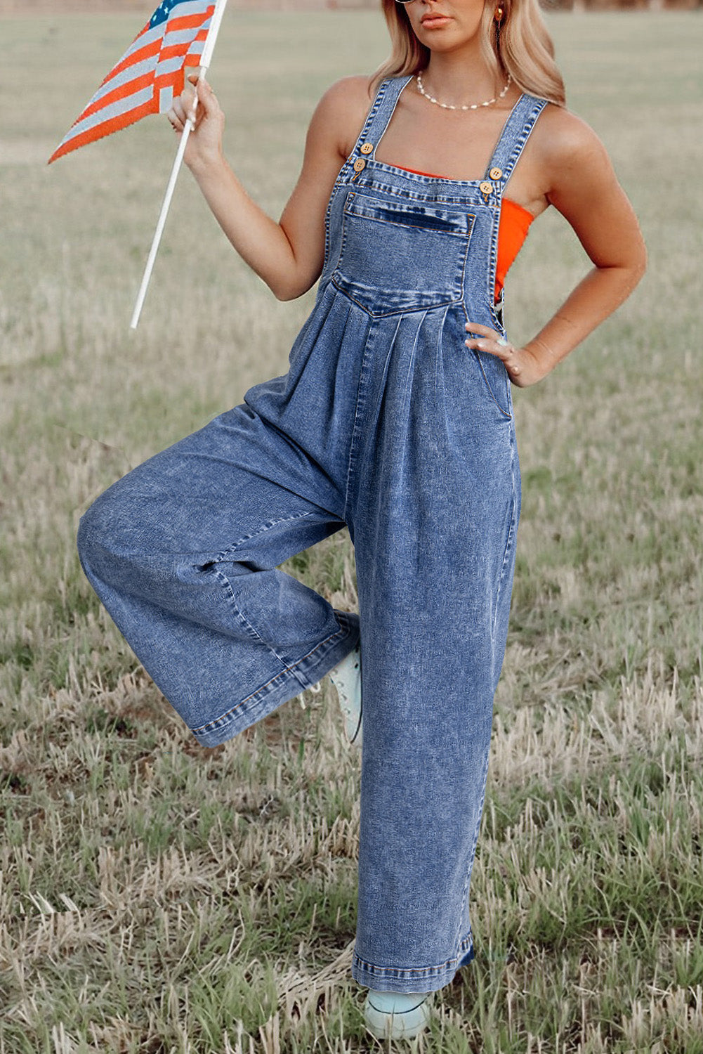 Light Blue Wide Leg Denim Overalls with Buttoned Straps