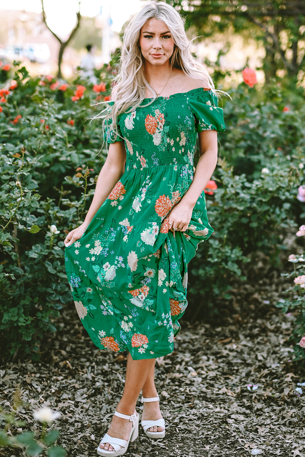 Vestido de midi de estampado de estampado floral verde con estampado floral