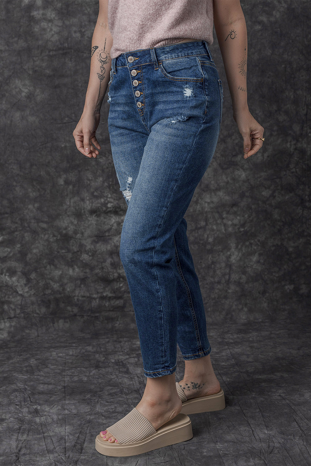 Jean skinny taille haute bleu effet vieilli avec braguette boutonnée