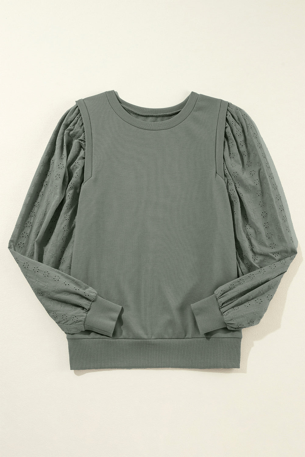 Sweat-shirt à col rond et manches patchwork uni vert grisâtre