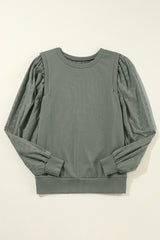 Sweat-shirt à col rond et manches patchwork uni vert grisâtre