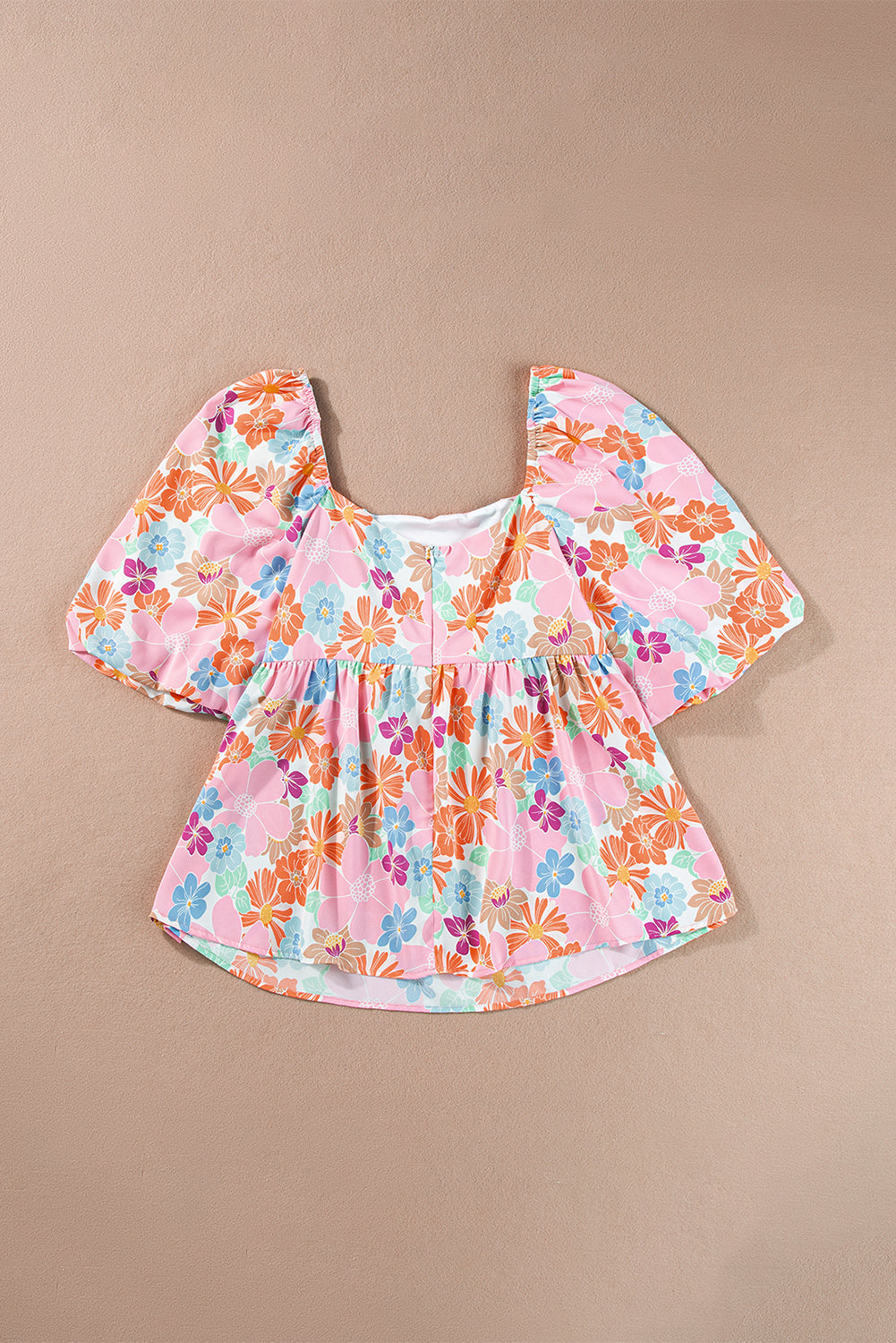 Blusa de babydoll de cuello cuadrado de manga floral rosa