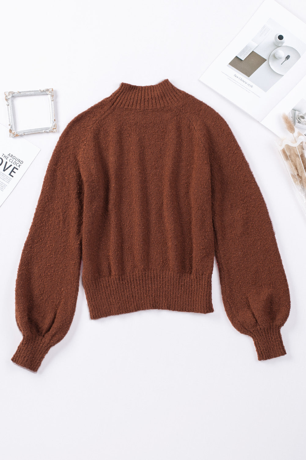 Brown Solid Color Lantern Sleeve Knitted Sweater