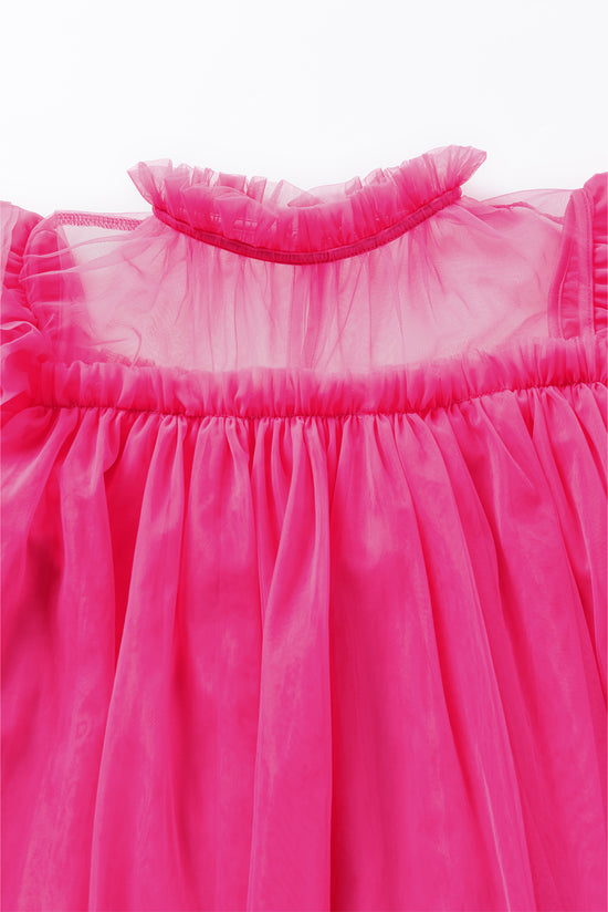 Flared babydoll blouse with rolled sleeves in pink strawberry tulle