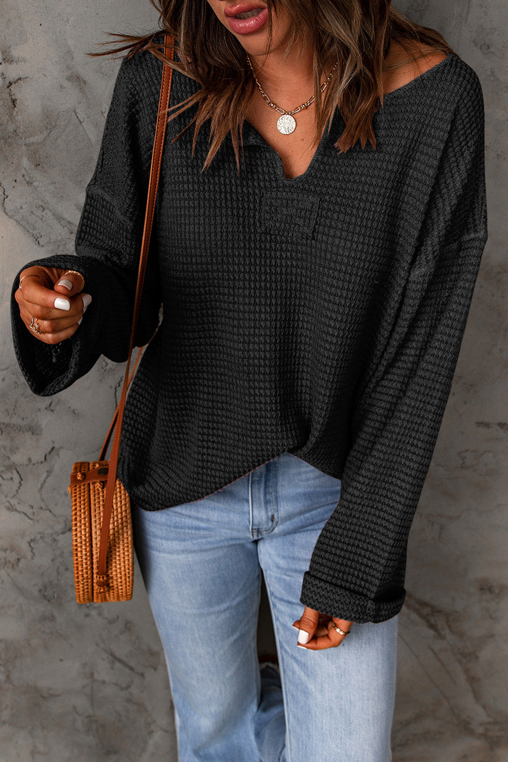 Black Waffle Knit Loose Long Sleeve Top