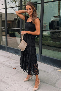 Black Sleeveless Midi Dress with Smocked Lace Bodice