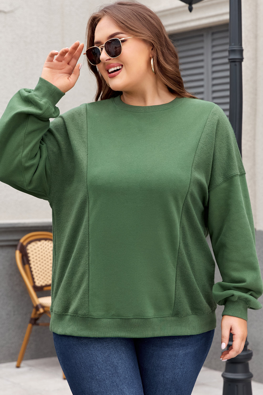 Blackish Green Plus Size Round Neck Patchwork Loose Sweatshirt