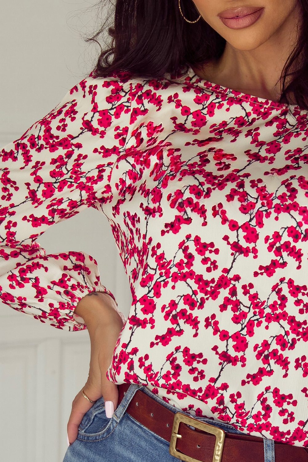 Red Floral Print Long Sleeve Open Back Blouse