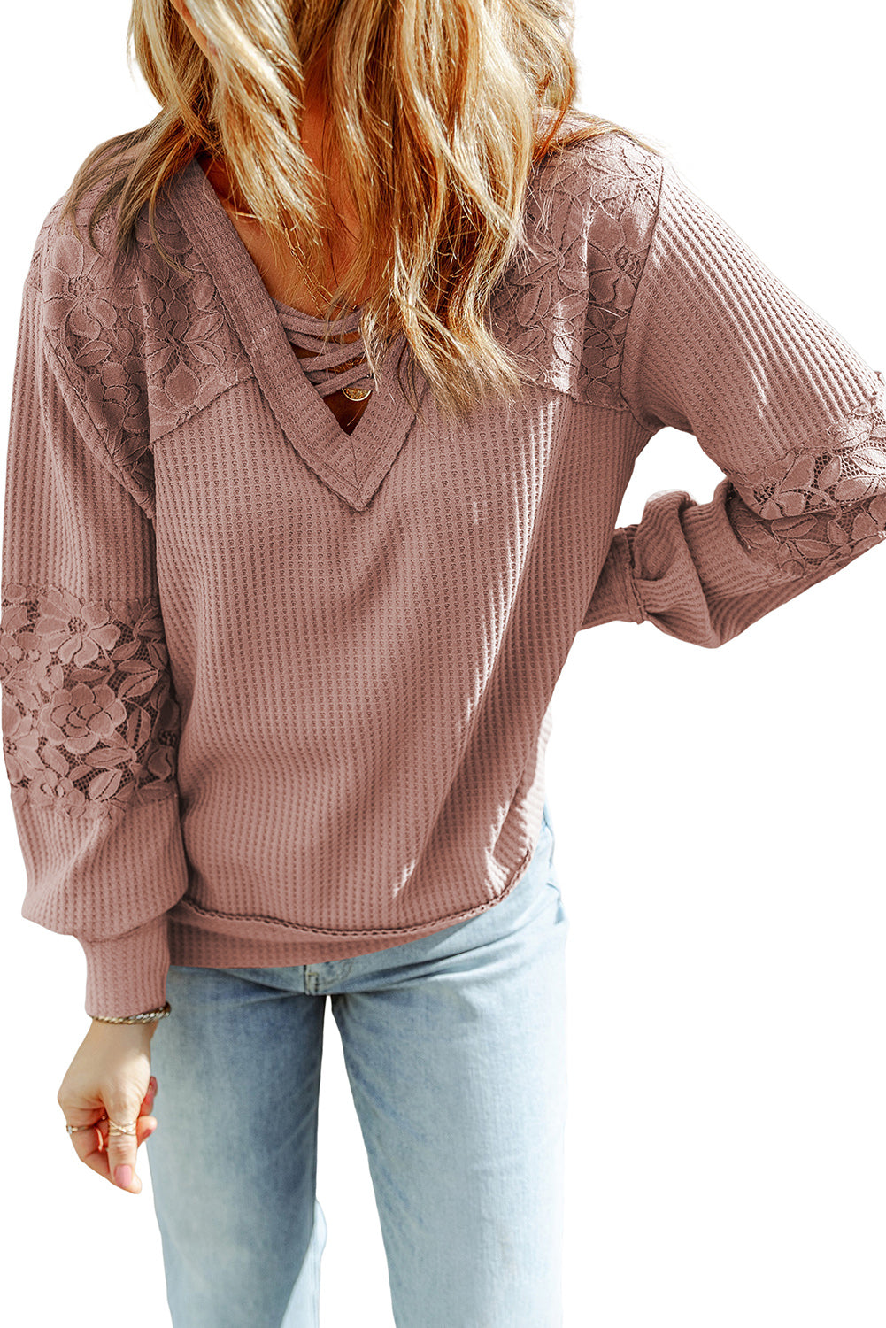 Pink Lace Waffle Patchwork Strappy V Neck Long Sleeve Top