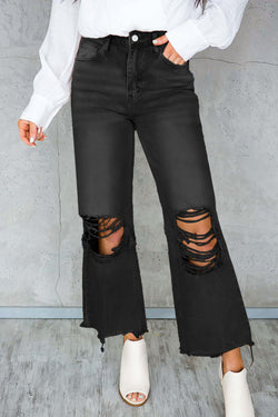 Shortless flared jeans high black waist aged effect