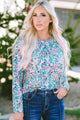 Ploted blouse with round -neck flowers and long green sleeves