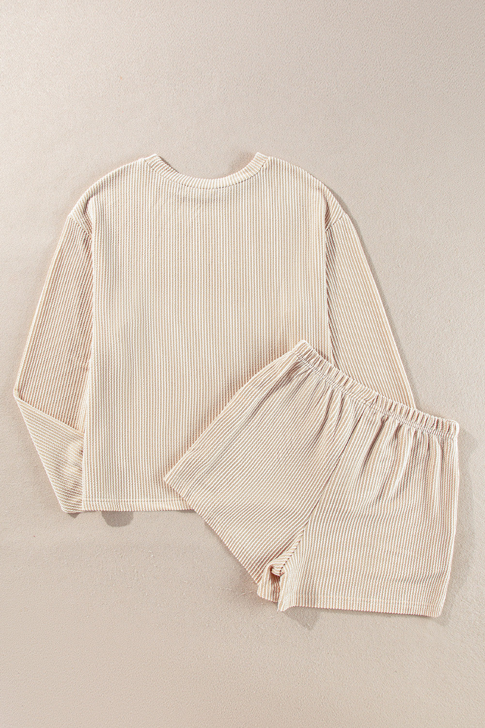 Parchment Ribbed Knit Long Sleeve Top and High Waisted Shorts Set