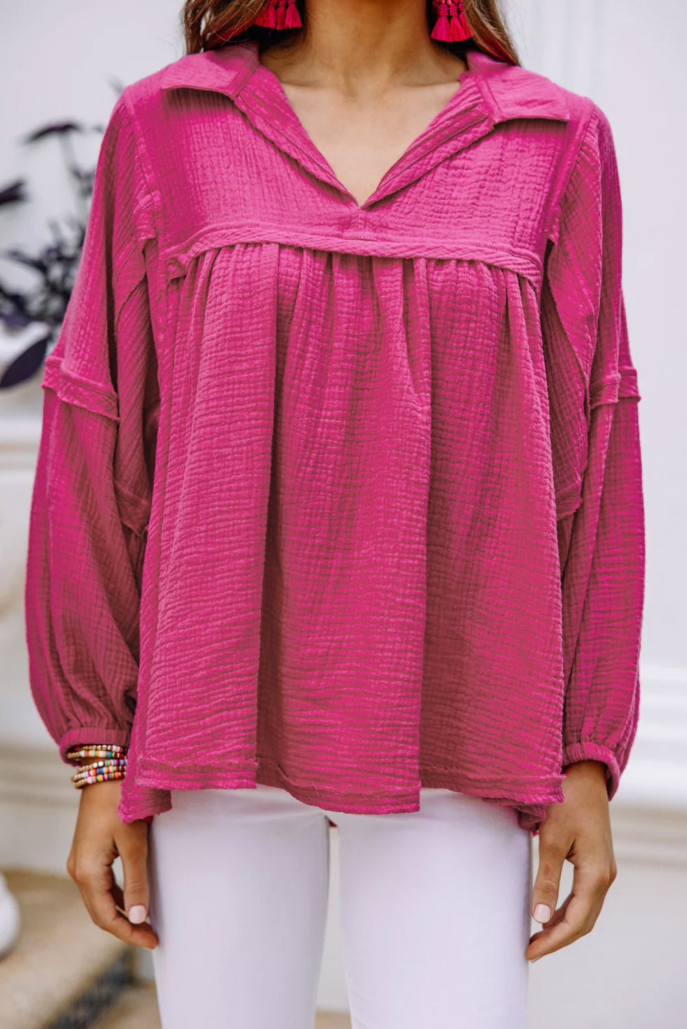 Rose Crinkle Collared V-Neck Bubble Sleeve Flowy Blouse