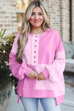 Henley High Low Pink Color Block Oversized Sweatshirt