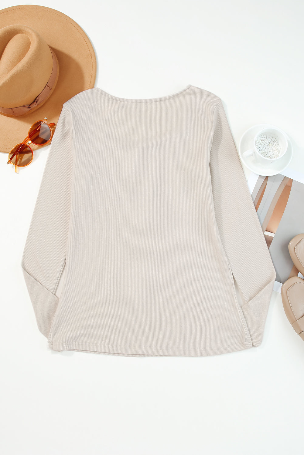 Beige crochet lace long sleeve v-neck top