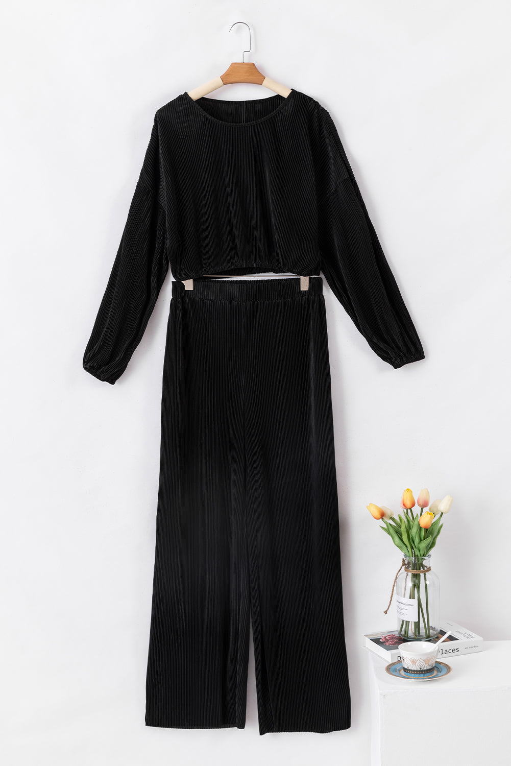 Black cord cropped sweater and wide leg pants set