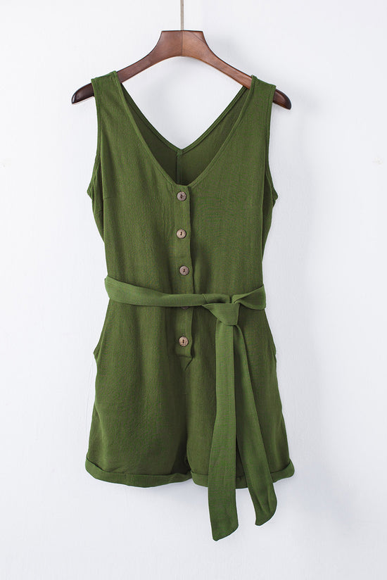 Green V-Neck Buttoned Romper with Belt