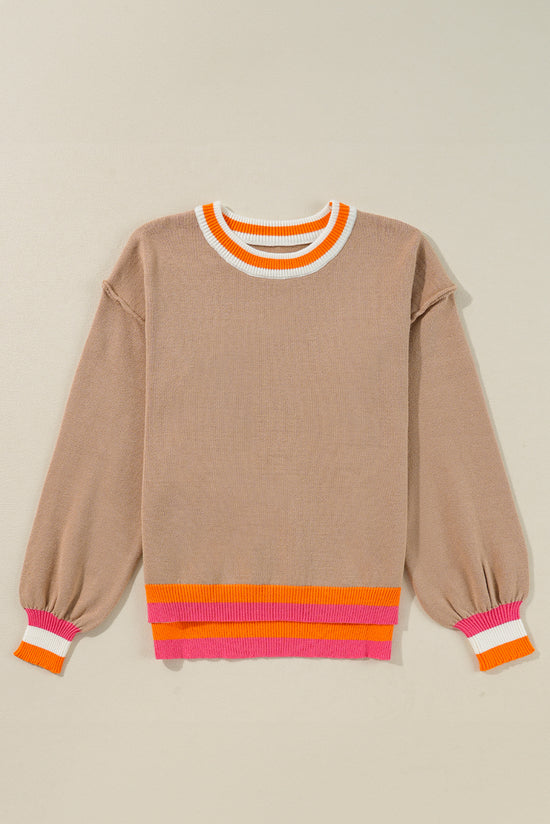 Drozing shoulder sweater and striped border color block parchment