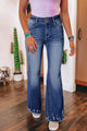 High-waisted, double-button, distressed, raw-hem, sail blue flared jeans