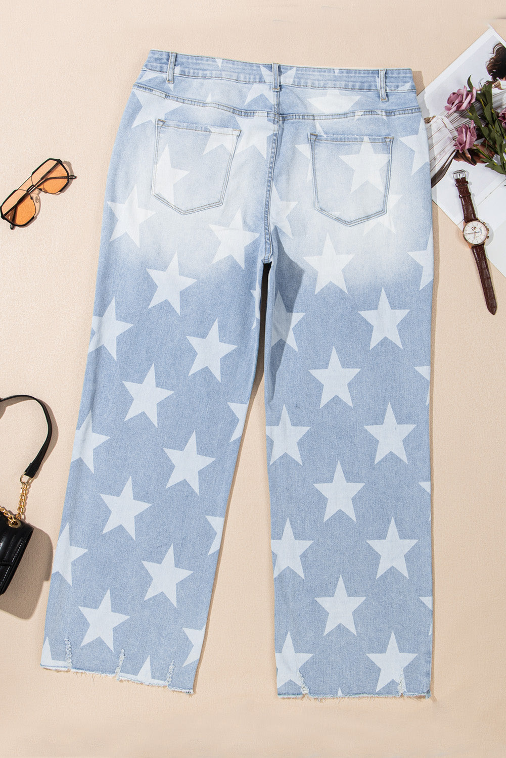 Beau Blue - Plus Size Star Pattern High Waisted Jeans