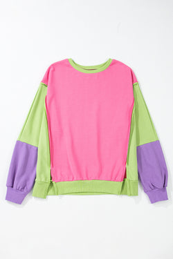 Round-collar relaxed switches and exposed color block pink seams