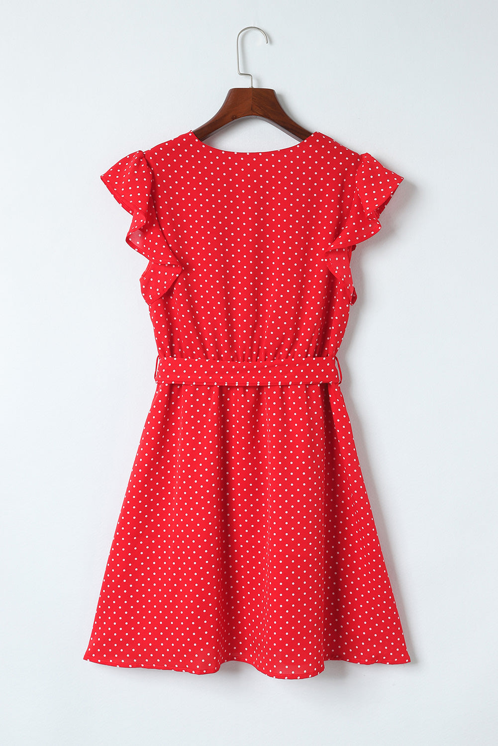 Bright red polka dot dress, V-neck, ruffled sleeves