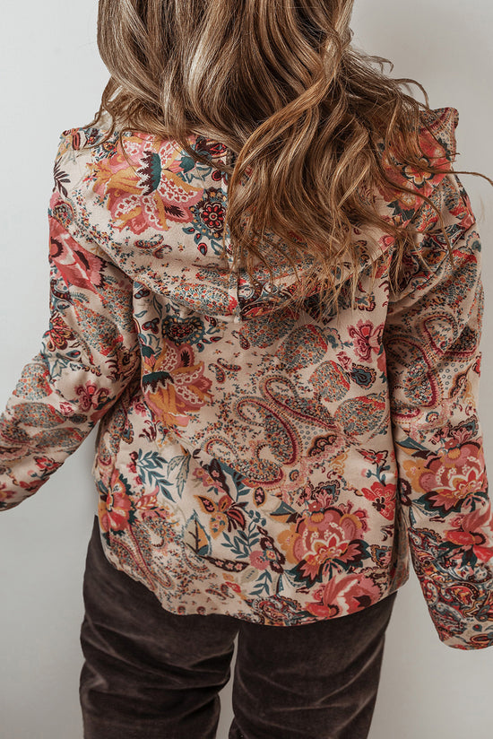 Veste à capuche beige doublée en sherpa imprimé floral vintage Paisley