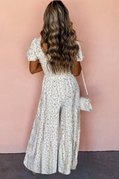 White short puff sleeve bohemian floral smocked jumpsuit