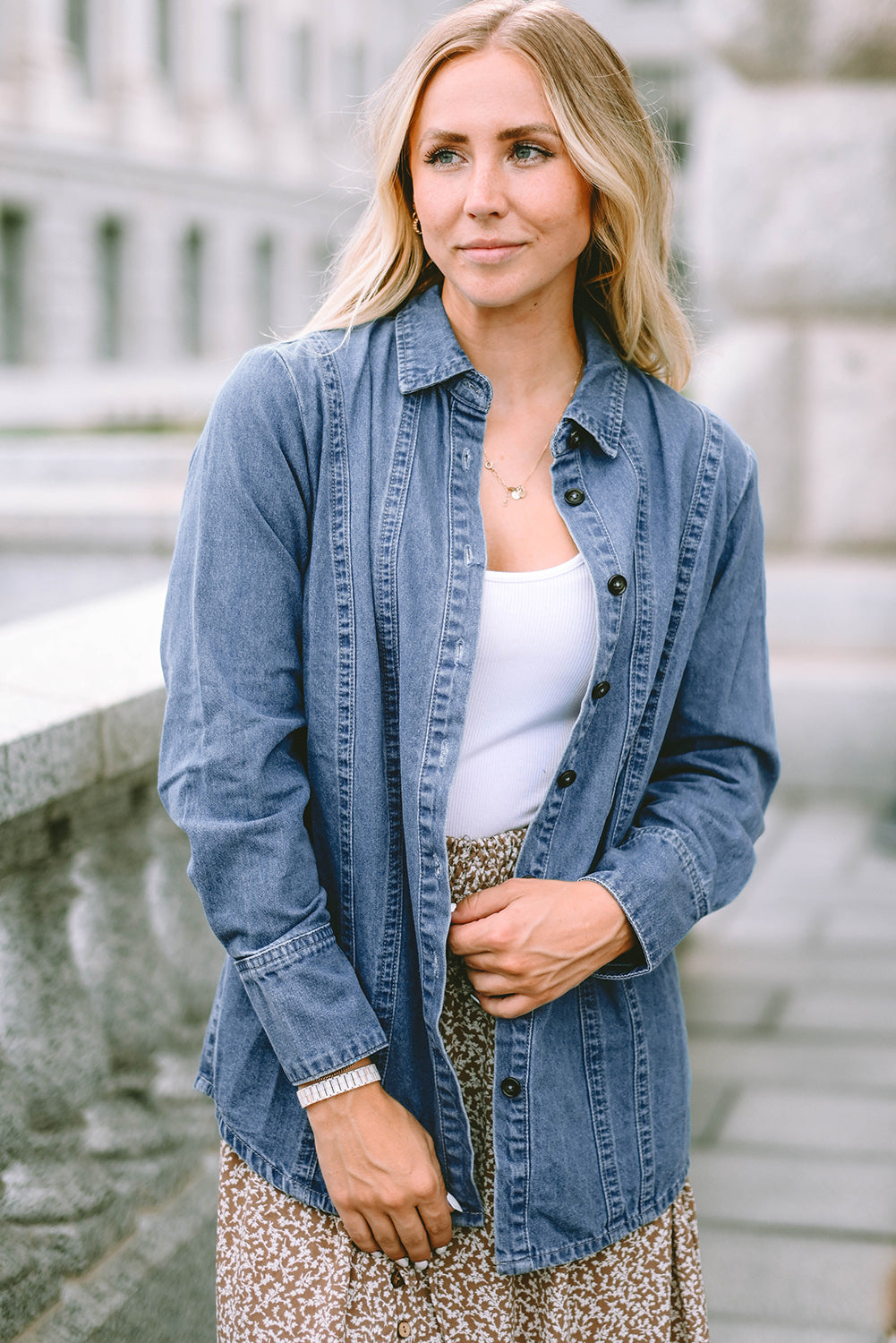 Giacca per camicia in denim a maniche lunghe blu cielo