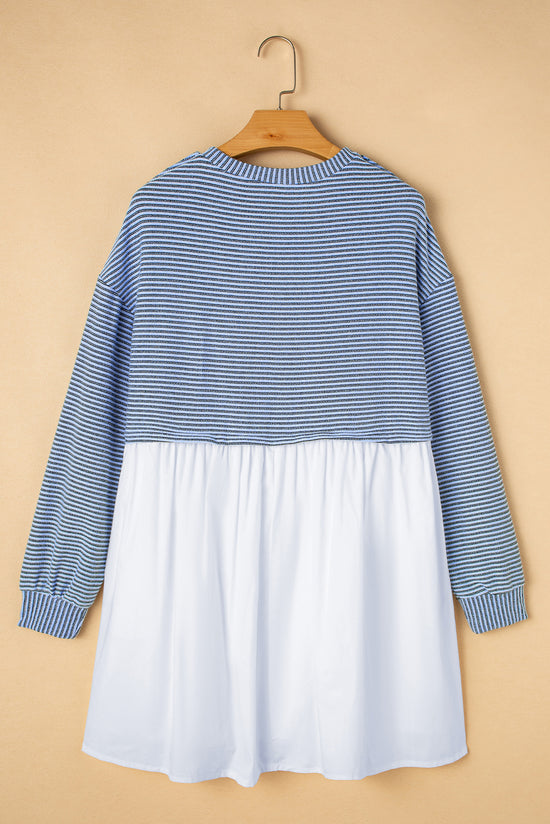 Sky Blue Striped High Waist Pleated Loose Mini Dress