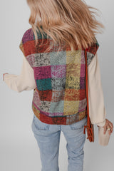 A large zipped vest with multicolored Scottish print with side pockets