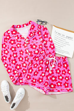 Ensemble pyjama chemise et short à manches longues et imprimé fleurs roses